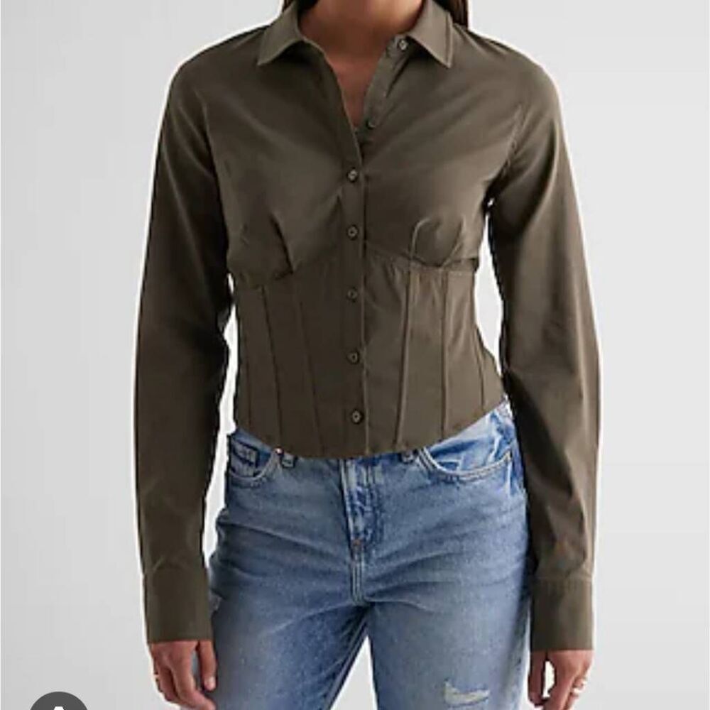 Express Women's Long Sleeve Button Up Corset Shirt size Medium Olive Green